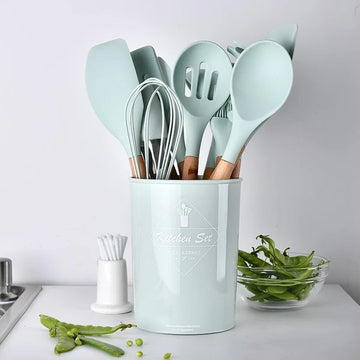 12 Pcs Silicone Heat Resistant Spoons Set with Long Wooden Handle ✨