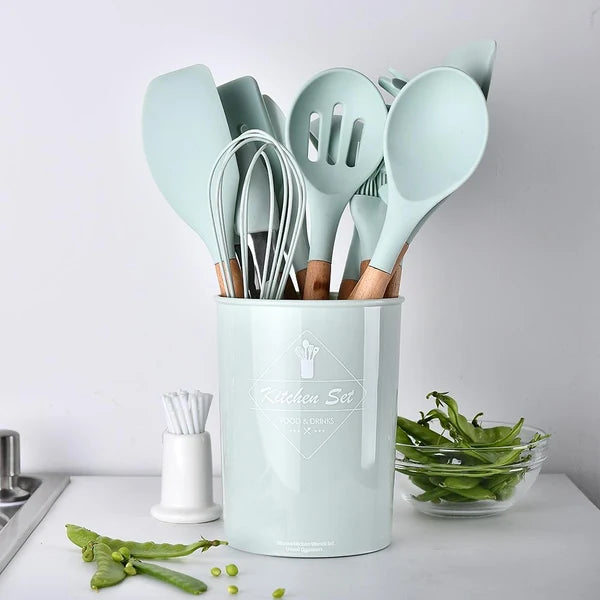 12 Pcs Silicone Heat Resistant Spoons Set with Long Wooden Handle ✨