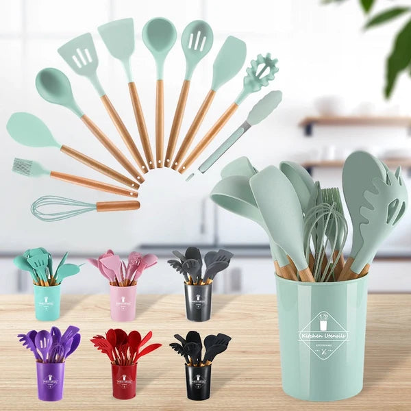 12 Pcs Silicone Heat Resistant Spoons Set with Long Wooden Handle ✨