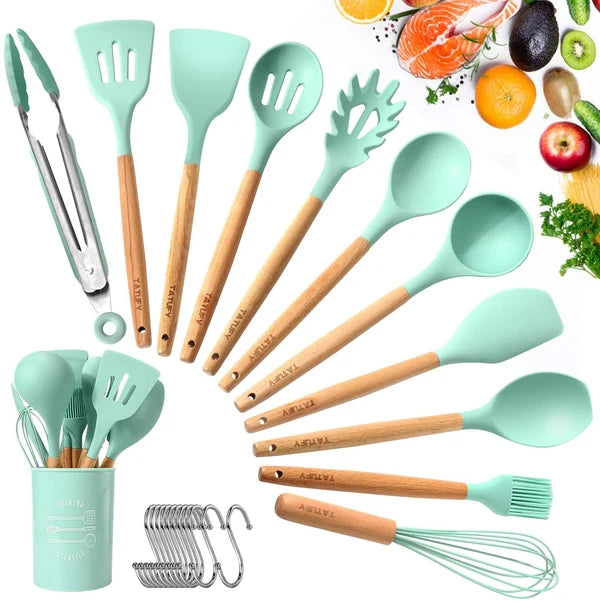 12 Pcs Silicone Heat Resistant Spoons Set with Long Wooden Handle ✨