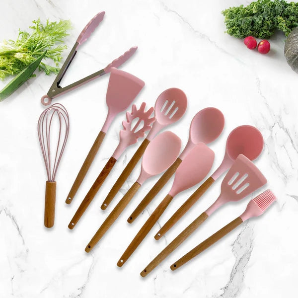 12 Pcs Silicone Heat Resistant Spoons Set with Long Wooden Handle ✨
