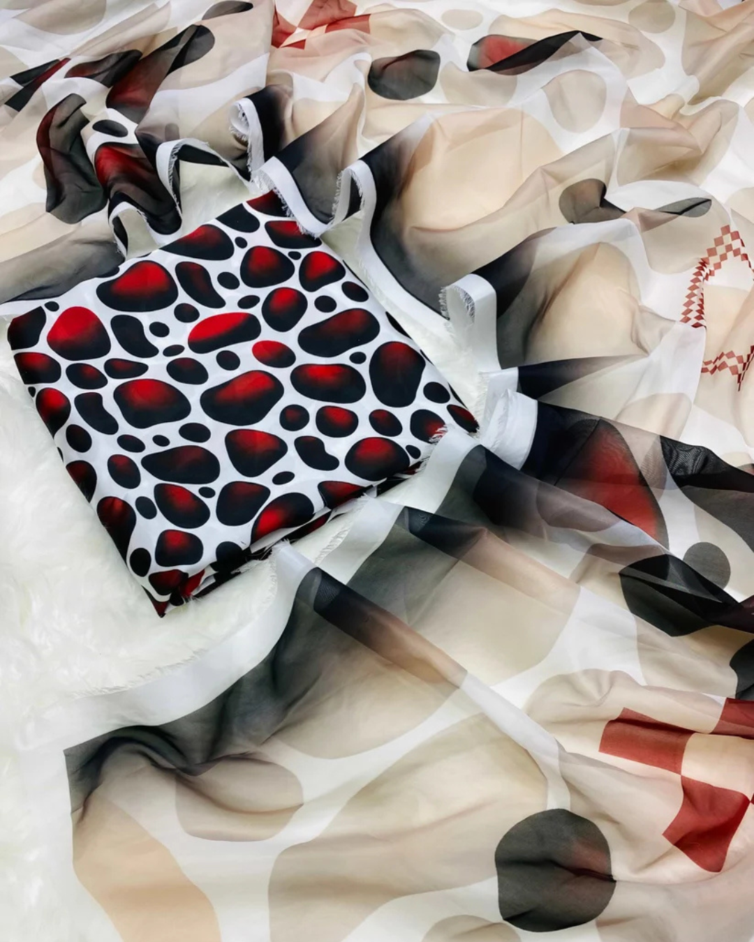 CHINA SILK BLACK RED STONES