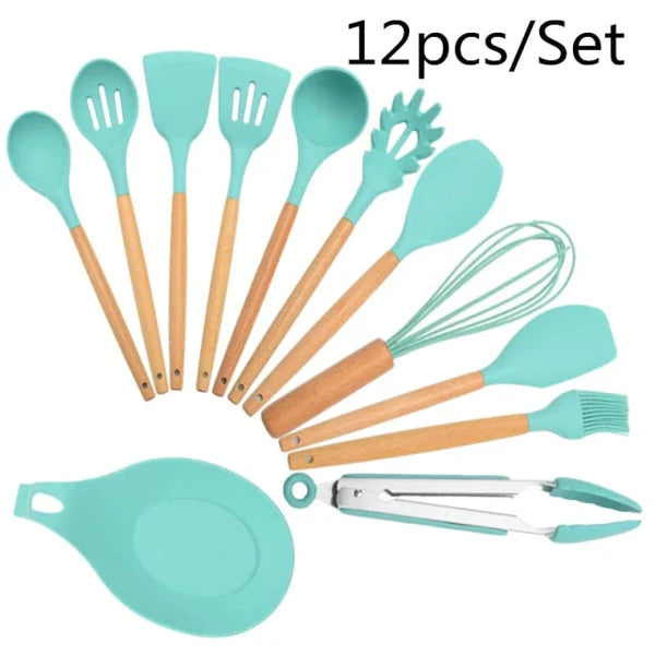12 Pcs Silicone Heat Resistant Spoons Set with Long Wooden Handle ✨